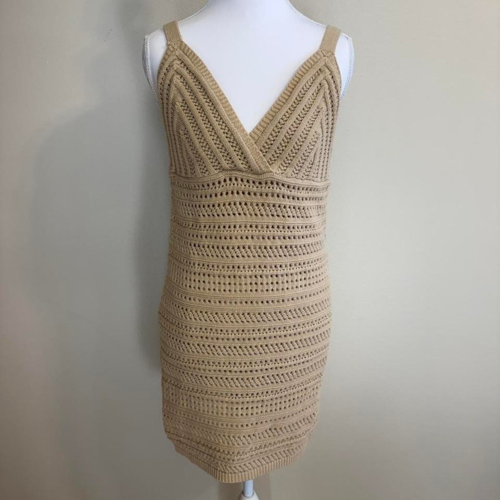 Tan Crochet Knit Mini Dress Women's Sz L Beachy Summer Vacation Resort